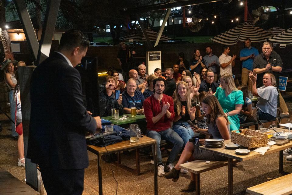 Travis County district attorney Democratic primary candidate Jeremy Sylestine gives his concession speech Tuesday during his election night watch party.
