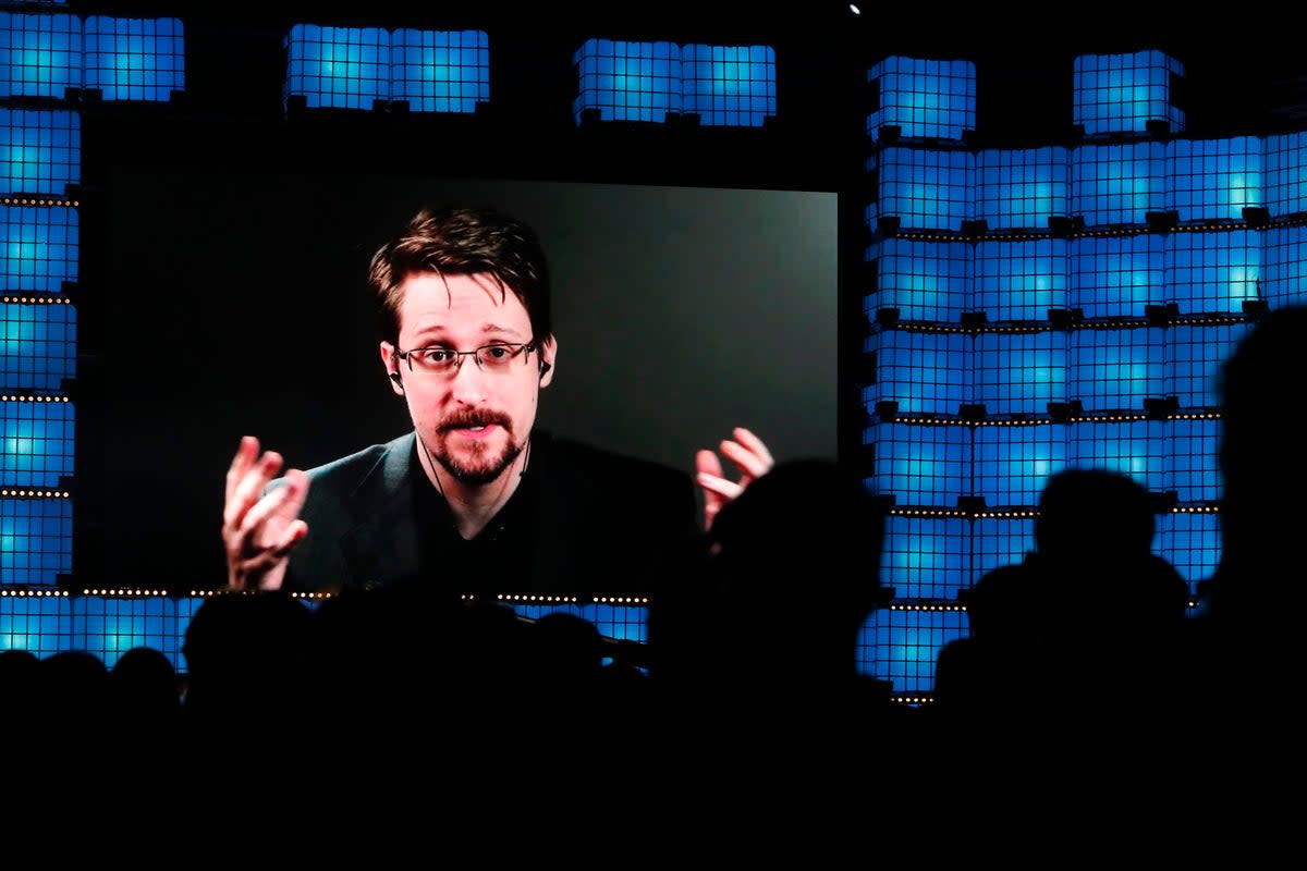 File. Former US National Security Agency contractor Edward Snowden addresses attendees through video link at the Web Summit technology conference in Lisbon on 4 November 2019 (Copyright 2019 The Associated Press. All rights reserved)