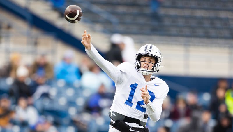 BYU quarterback Jake Retzlaff throws the ball during the annual BYU Blue vs. White scrimmage at LaVell Edwards Stadium in Provo on Friday, March 31, 2023.
