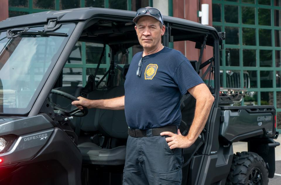 Upper Makefield Fire Chief Tim Brewer with the Fire Company’s new Can-Am Defender XT HD10, which the township purchased for them after the July 15, 2023, fatal flooding, at the Upper Makefield Fire House in Washington Crossing on Tuesday, July 9, 2024.