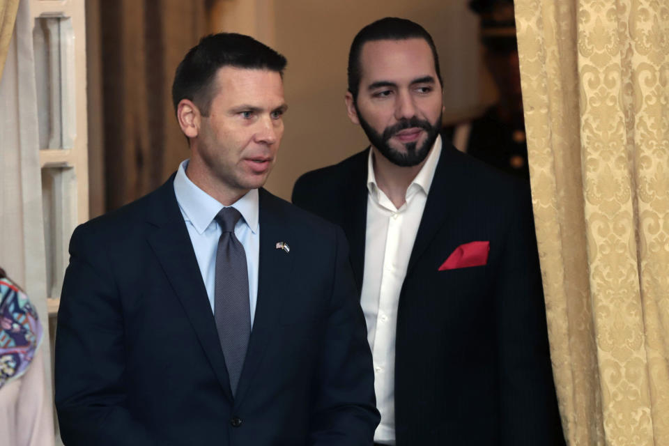 Acting U.S. Homeland Security Secretary Kevin McAleenan, left, and Salvadoran President Nayib Bukele attend a meeting in San Salvador, El Salvador, Wednesday, Aug. 28, 2019. (AP Photo/Salvador Melendez)