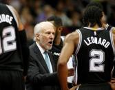 Dec 12, 2015; Atlanta, GA, USA; San Antonio Spurs head coach Gregg Popovich talks with forward Kawhi Leonard (2) during a time out in the second quarter of their game against the Atlanta Hawks at Philips Arena. Mandatory Credit: Jason Getz-USA TODAY Sports