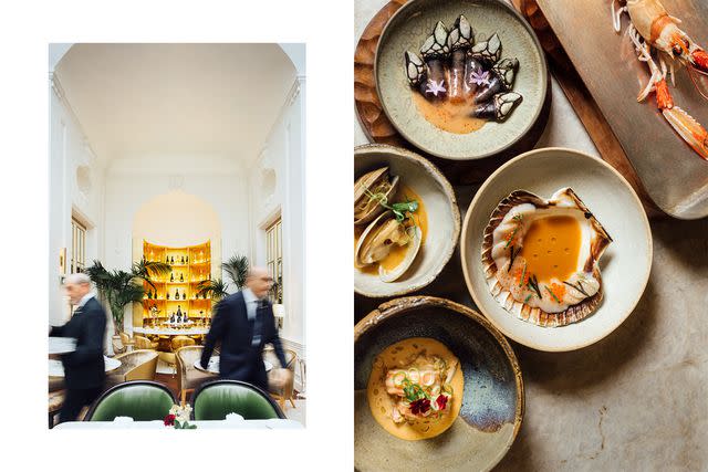 <p>James Rajotte</p> From left: The Palm Court restaurant at the Mandarin Oriental Ritz, in Madrid; goose barnacles, crayfish, scallops, lobster, and clams at Madrid's Desde 1911 restaurant.