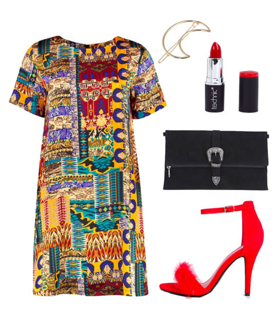 Look for a bright, vividly-patterned dress to add some excitement to your evening wardrobe. Pair it with a pair of bright red pumps and you’re set to shimmy all night.