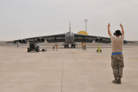 <p>A U.S. Air Force B-52 Stratofortress bomber arrives at Al Udeid Air Base, Qatar April 9, 2016. The U.S. Air Force deployed B-52 bombers to Qatar on Saturday to join the fight against Islamic State in Iraq and Syria, the first time they have been based in the Middle East since the end of the Gulf War in 1991. (U.S. Air Force/Tech. Sgt. Terrica Y. Jones/Handout via Reuters) </p>