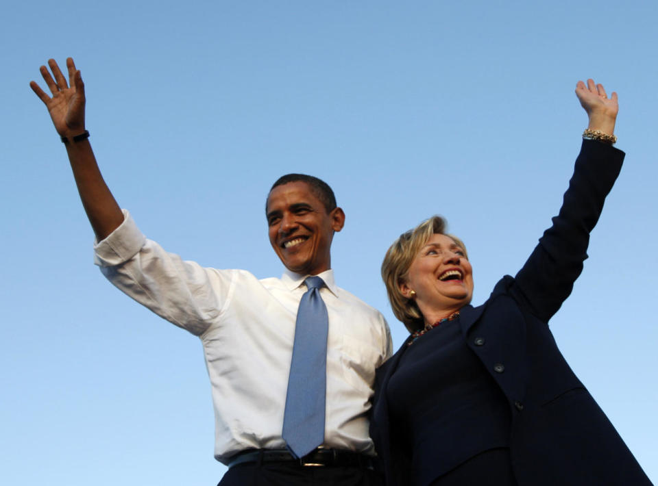 Sen. Barack Obama and Sen. Hillary Clinton at a campaign rally