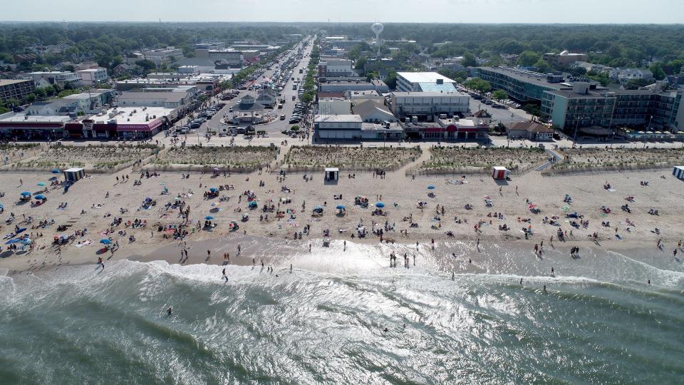 A drone view looking down Rehoboth Avenue from the beach in Rehoboth Beach shown Monday, June 7, 2021.