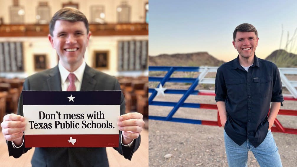 (L) James Talarico holding a 'Don't mess with Texas Public Schools' sign, (R) James Talarico