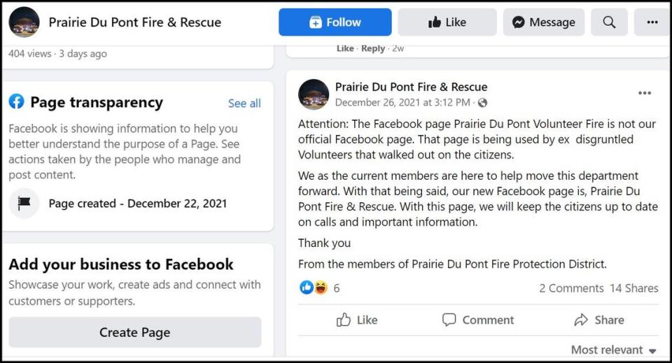 Jerame Simmons, the new acting fire chief in Prairie Du Pont Fire Protection District, created this Facebook page last month. He said administrators refused to relinquish control of the district’s former page.