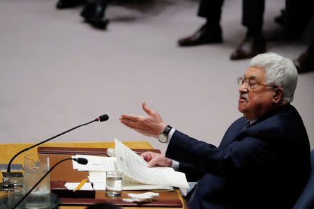 FILE PHOTO - Palestinian President Mahmoud Abbas speaks during a meeting of the UN Security Council at UN headquarters in New York, U.S., February 20, 2018. REUTERS/Lucas Jackson