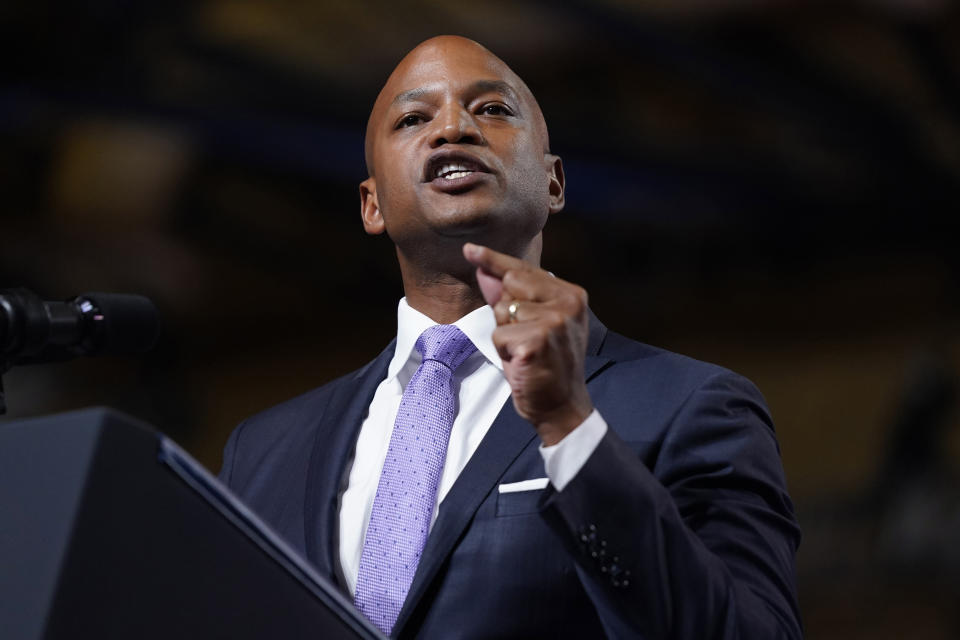 FILE - Maryland Democratic gubernatorial candidate Wes Moore is seen in this Aug. 26, 2022 file photograph during a rally hosted by the Democratic National Committee in Rockville, Md. Moore faces Republican Dan Cox in the Nov. 8, 2022 general election. (AP Photo/Evan Vucci, File)