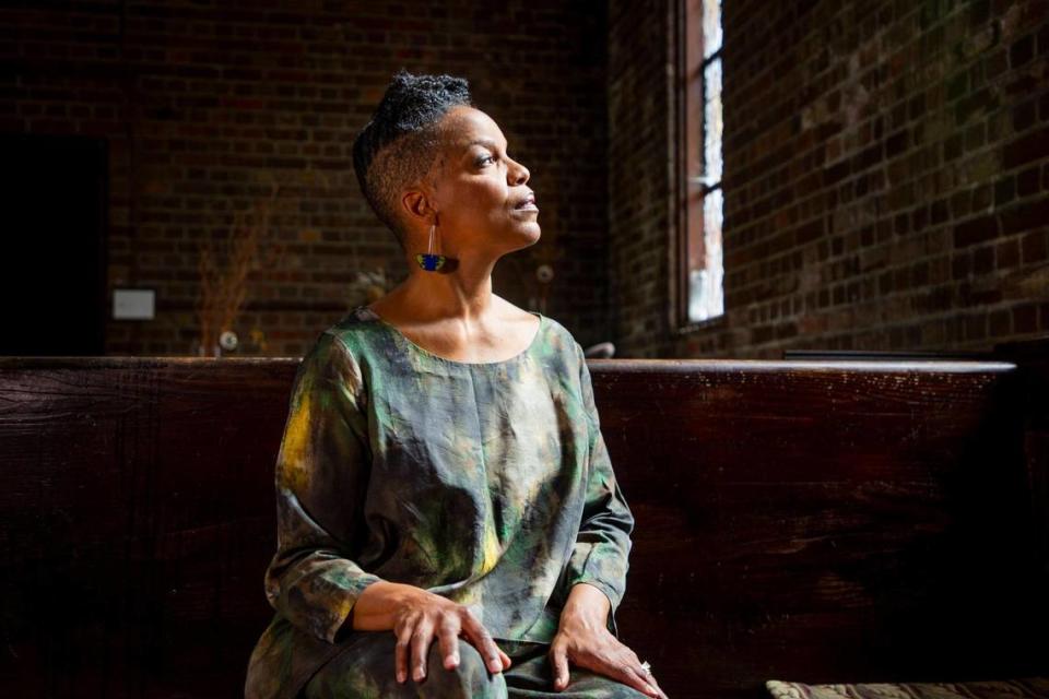Nnenna Freelon sits for a portrait in the NorthStar Church of the Arts, a community center she created with her late husband Phil Freelon who died in 2019 from ALS, on Tuesday, May 18, 2021, in Durham, N.C.
