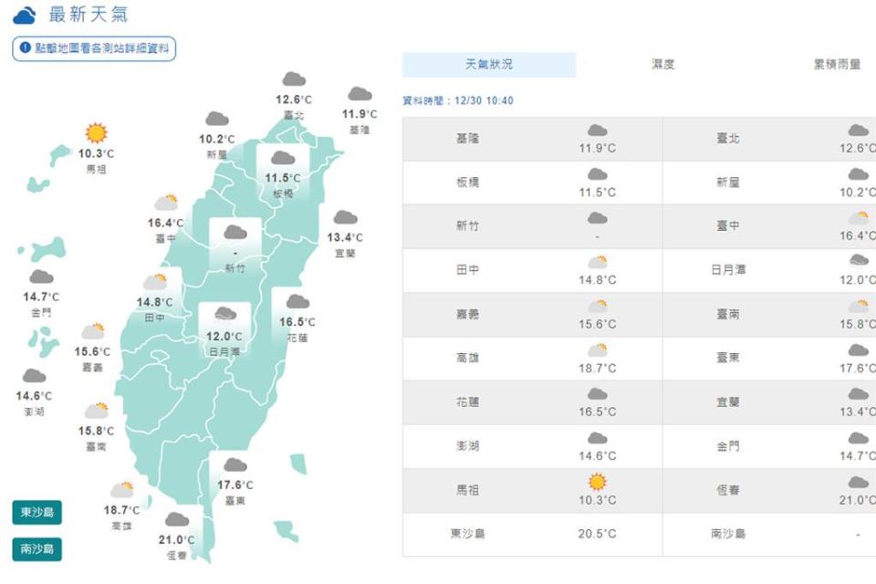 上午10時50分全台最新天氣狀況。（圖／翻攝自中央氣象局官網）