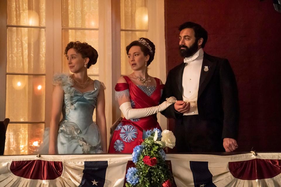 Taissa Farmiga as Gladys Russell, Carrie Coon as Bertha Russell and Morgan Spector as George Russell in "The Gilded Age."