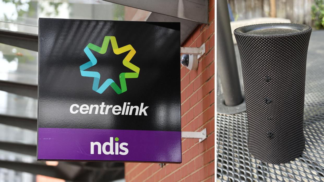 A composite image of a Centrelink logo on a sign and a bluetooth speaker.