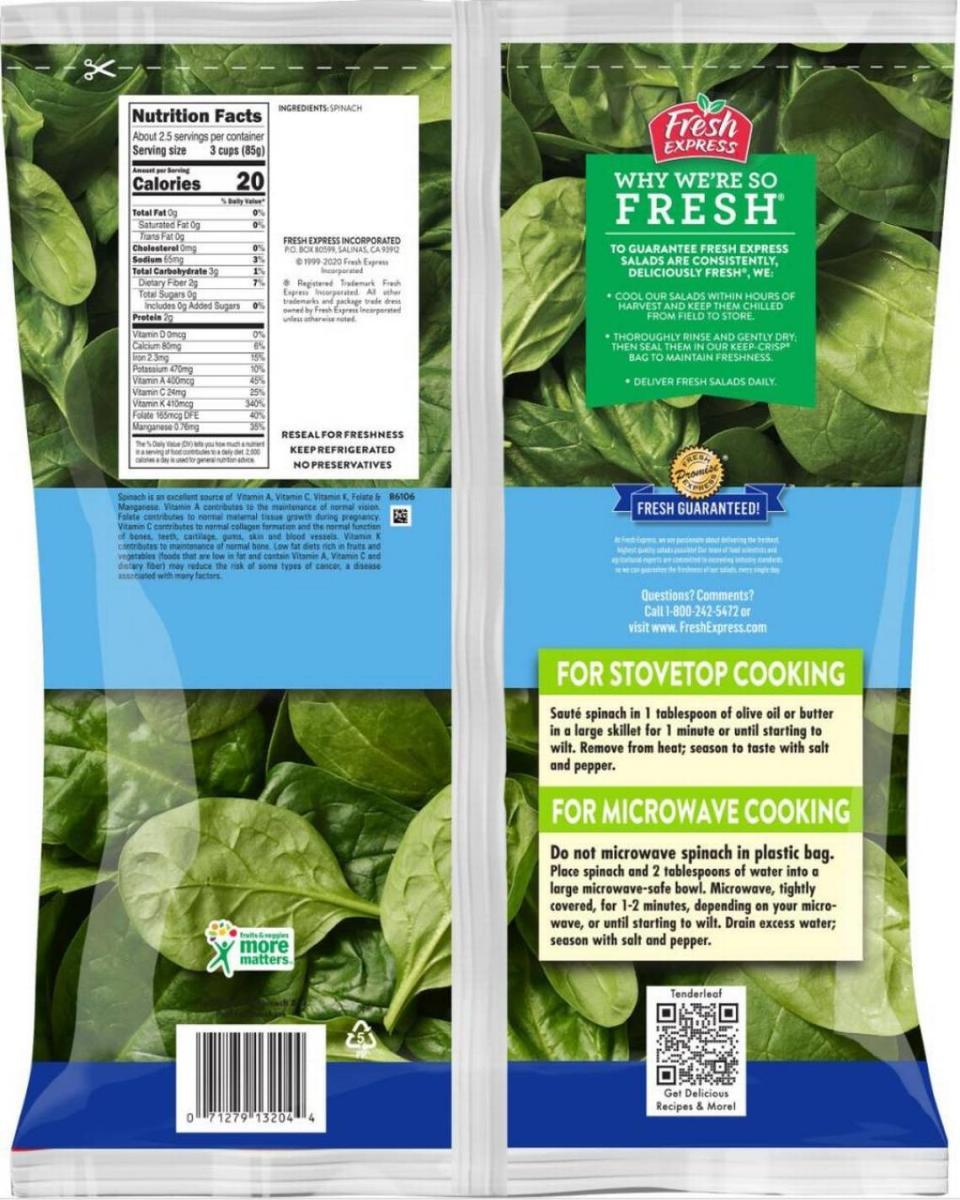 Back of the Fresh Express Spinach bag recalled on Dec. 15, 2023.