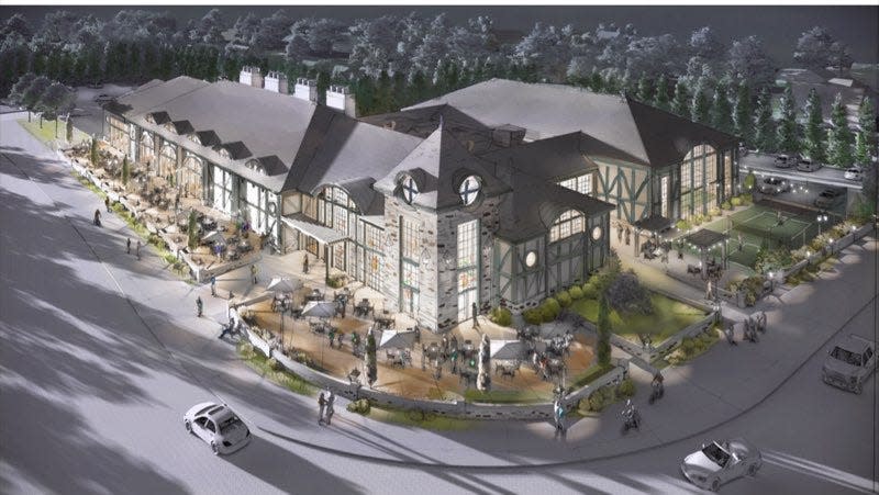 Rendering of the proposed design and plans for the University Heights commercial development on the northwest corner of National Avenue and Sunshine Street. The plans include an indoor playground, pickleball courts and a food hall with 12.5 local vendors.