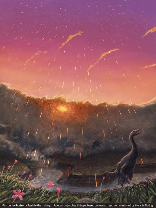 Artistic reconstruction by Joschua Knüppe of the Seiche wave surging into the Tanis river, bringing in fishes and everything in its path (dinosaurs, trees) while impact spherules rain down from the sky. Some dinosaurs are still trying to get away but we know they will not get far. Ants try to get back into their nest as the just blooming dianthus in the foreground are already being impacted by the impact spherules.