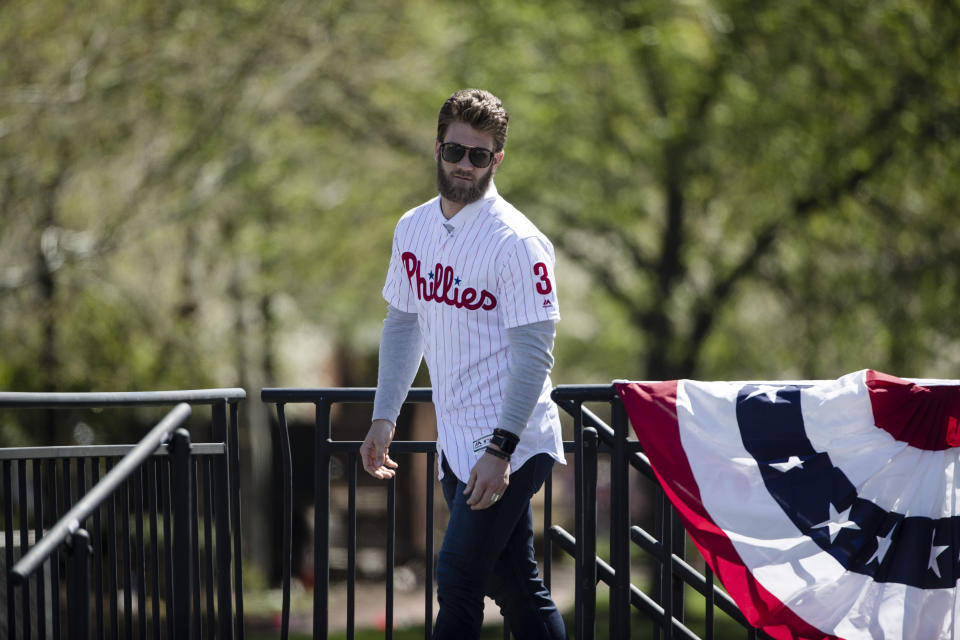 Philadelphia Phillies' Bryce Harper during a Major League Baseball news conference, Tuesday, April 16, 2019, on Independence Mall in Philadelphia. Baseball's 2026 All-Star Game will be played in Philadelphia to mark the 250th anniversary of the Declaration of Independence. (AP Photo/Matt Rourke)