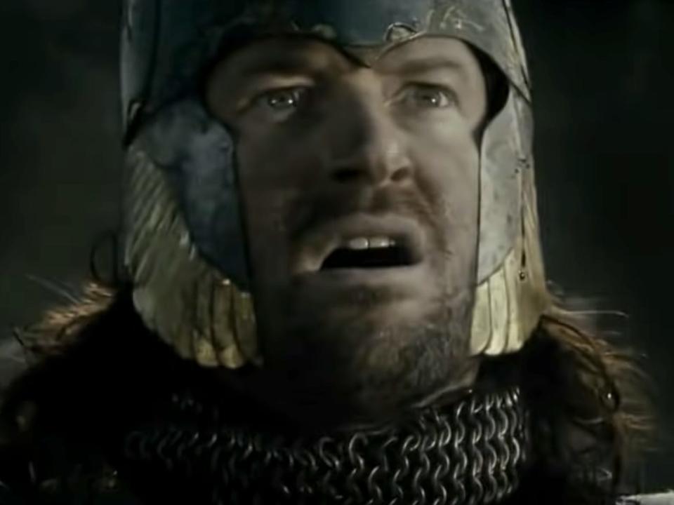 Isildur in a helmet looking shocked in lord of the rings