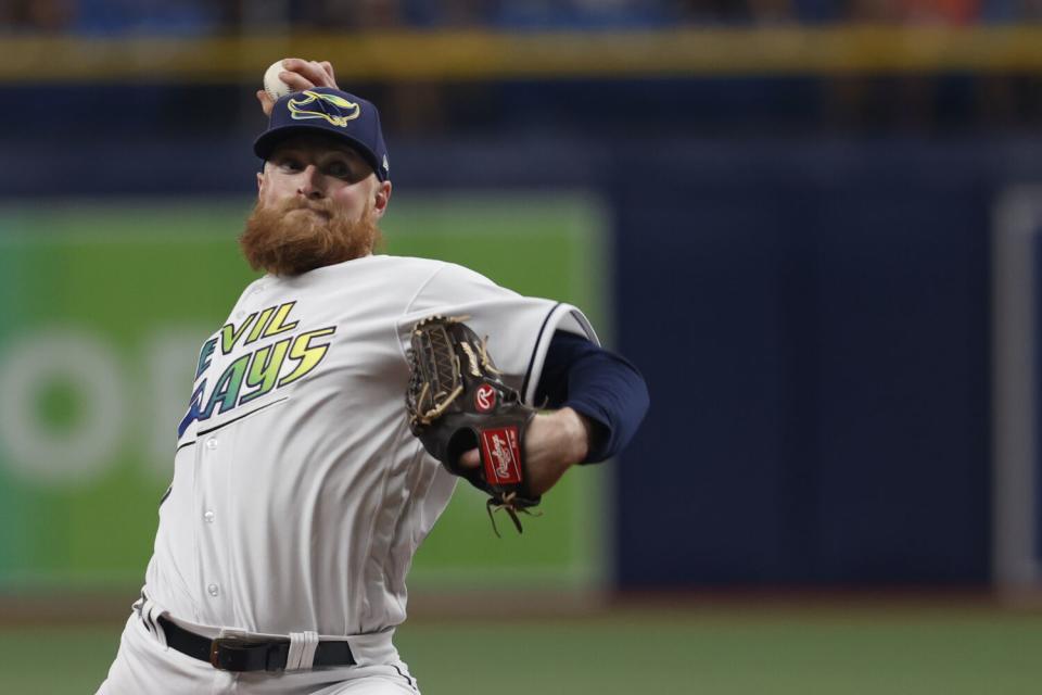 Tampa Bay Rays starting pitcher Drew Rasmussen throws during a baseball game in St. Petersburg, Fla.