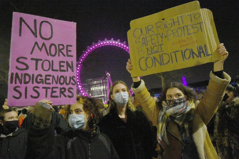 A demonstration against gender violence following the murder of Sarah Everard (PA)