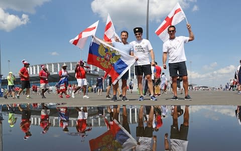 England fans show their support outside the stadium prior to the FIFA World Cup Group G match at the Nizhny Novgorod Stadium - Credit: Owen Humphreys/PA Wire