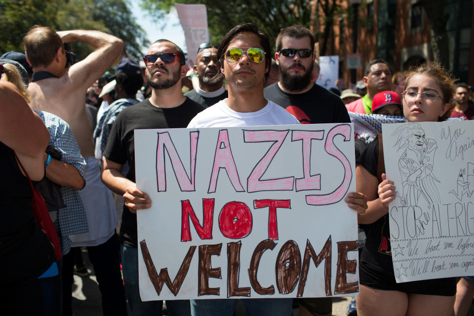 <p>Thousands of counter protesters march down Tremont Street in response to an ‘Alt–Right’ ‘Free Speech Rally’ on the Boston Common in Boston, Mass., Aug. 19, 2017. (Photo: Matthew Healey/EPA/REX/Shutterstock) </p>