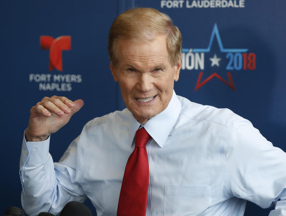 Incumbent Democratic Sen. Bill Nelson speaks to members of the media after a debate with Republican challenger Rick Scott, who is Florida's governor, in their campaign for a highly competitive U.S. Senate seat, Tuesday, Oct. 2, 2018, in Miramar, Fla. (AP Photo/Wilfredo Lee)