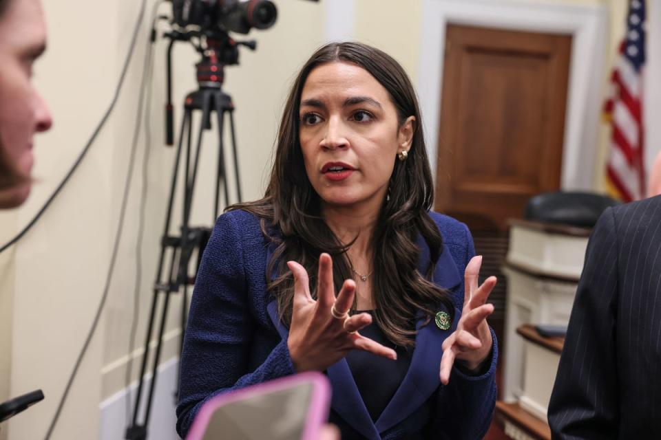 Rep. Alexandria Ocasio-Cortez (D-NY) speaks to journalists following a roundtable discussion on Supreme Court Ethics conducted by Democrats of the House Oversight and Accountability Committee at the Rayburn House Office Building on June 11, 2024 in Washington, DC (Getty Images for Court Accountab)