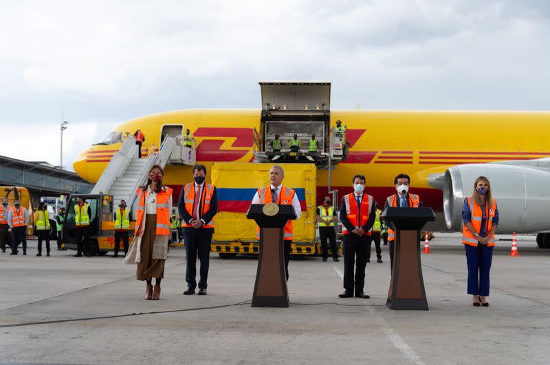 Colombia's President Duque speaks during the arrival of COVID-19 vaccine doses at El Dorado International Airport in Bogota