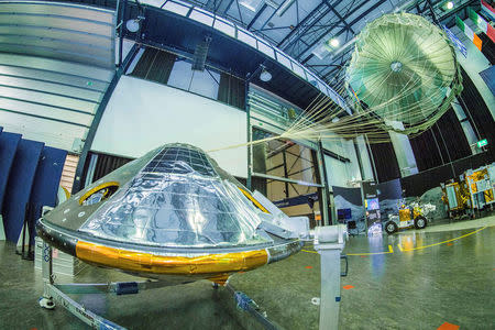 A full-size model of the European ExoMars entry, descent and landing module, Schiaparelli, with its parachute deployed revealed on ESAÕs open day on October 4, 2016 in the Netherlands. ESAÐS. Muirhead/Handout via Reuters