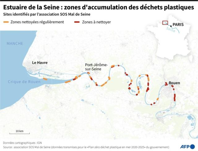 Carte des zones d'accumulation de macro-plastiques sur les berges de l'estuaire de la Seine, selon SOS Mal de Seine