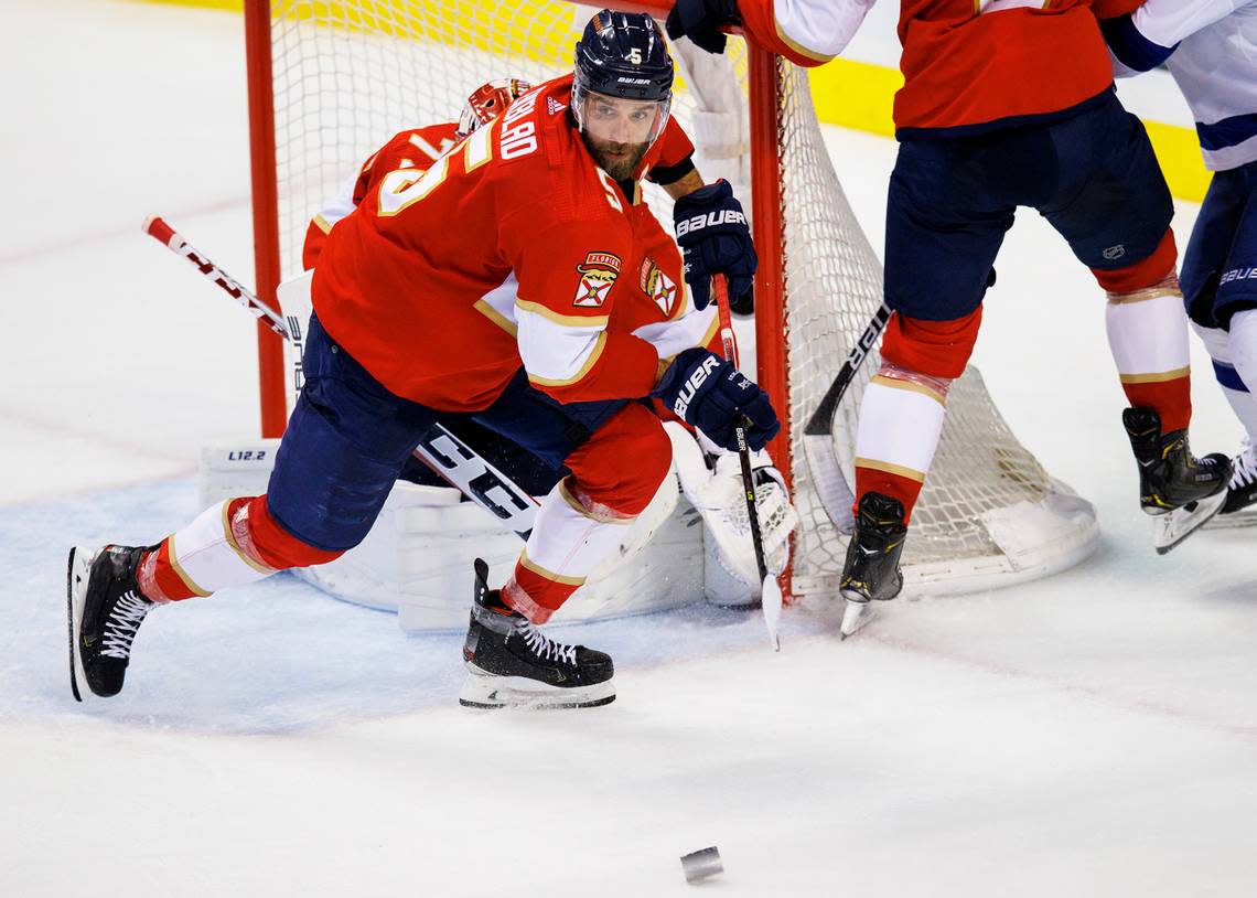 Florida Panthers defenseman Aaron Ekblad (5) defends the goal during the third period of Game 1 of a second round NHL Stanley Cup series against the Tampa Bay Lightning at FLA Live Arena on Tuesday, May 17, 2022 in Sunrise, Fl.
