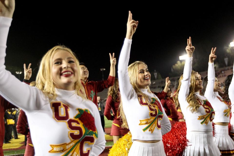 The USC Song Girls celebrate the Trojans win over the Penn State Nittany in 2017