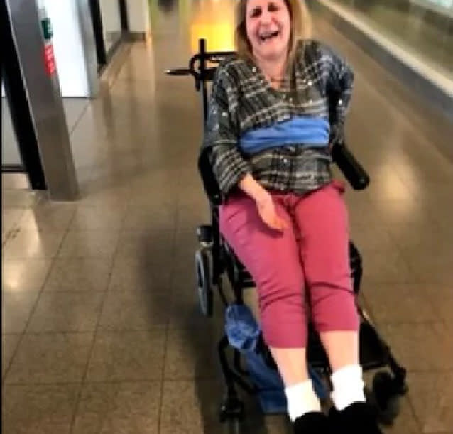 Nathan Saliagas claims Delta Airlines tied his mum, Maria (pictured), to a wheelchair. She suffers from MS. Source: WSB-TV Atlanta