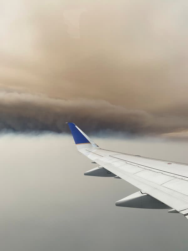 Smoke coming from the Creek Fire as seen from an airplane, near Yosemite National Park, California