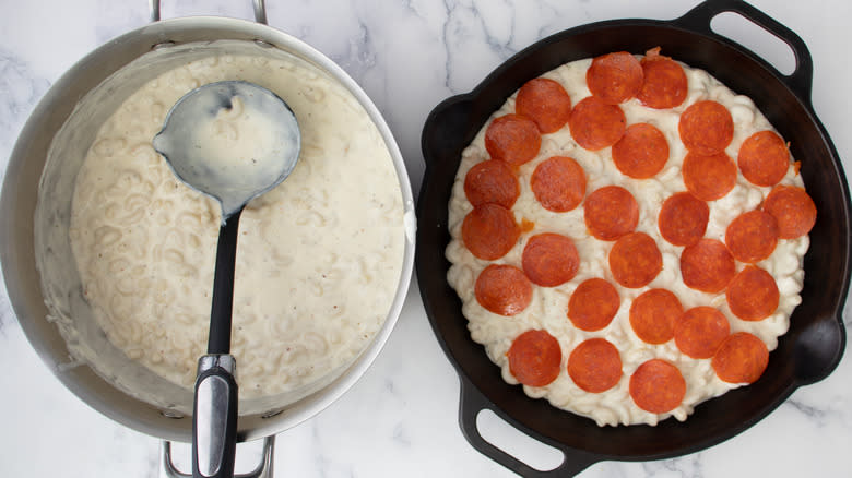 pepperoni layer on cheesy macaroni