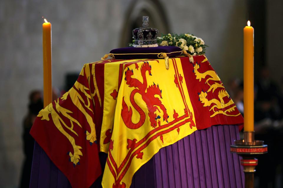 The coffin carrying Queen Elizabeth II rests in Westminster Hall for the Lying-in State on September 14, 2022 in London.