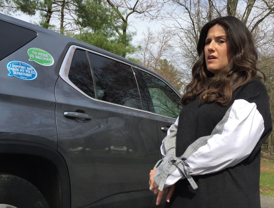 Shoshana Bernstein has "Proud to Vaccinate" magnet on her car to illustrate that not all Orthodox Jews are against vaccinations in Monsey April 12, 2019.