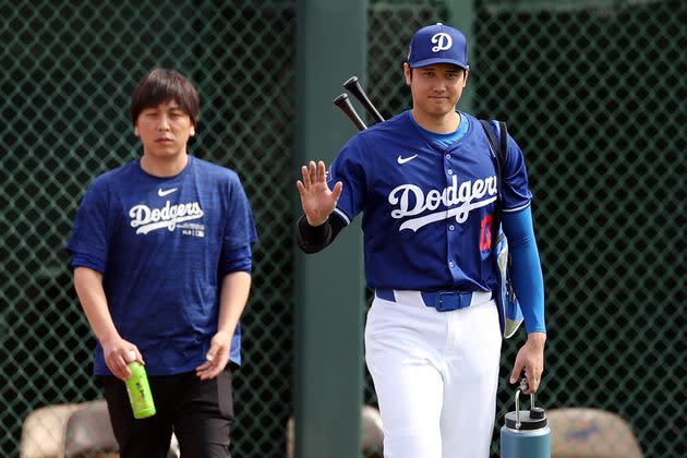 Shohei Ohtani appears beside Ippei Mizuhara before a game against the Chicago White Sox on February 27, 2024. Mizuhara is being accused of a 