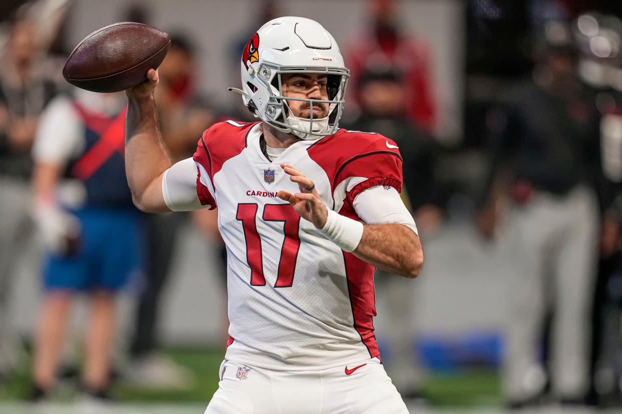 Jan 1, 2023; Atlanta, Georgia, USA; Arizona Cardinals quarterback David Blough (17) passes against the Atlanta Falcons during the first half at Mercedes-Benz Stadium. Mandatory Credit: Dale Zanine-USA TODAY Sports