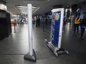 In this photo provided by The Metropolitan Transportation Authority (MTA), new weapon detectors that can be deployed at subway entrances are displayed during a news conference in New York, March 28, 2024. New York City officials announced a pilot program on Thursday to deploy portable gun scanners in the subway system, part of an effort to deter violence underground and to make the system feel safer. (Marc A. Hermann/Metropolitan Transportation Authority via AP)