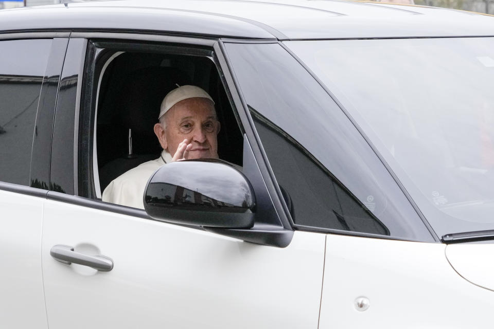 Pope Francis arrives at the Rebibbia prison to celebrate the Last Supper mass with inmates on Holy Thursday, in Rome, Thursday, March 28, 2024. (AP Photo/Andrew Medichini)