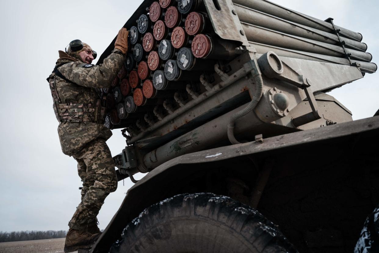 A Ukrainian serviceman of the artillery unit of the 80th Air Assault Brigade confirms the positions near Bakhmut, Donetsk (AFP/Getty)