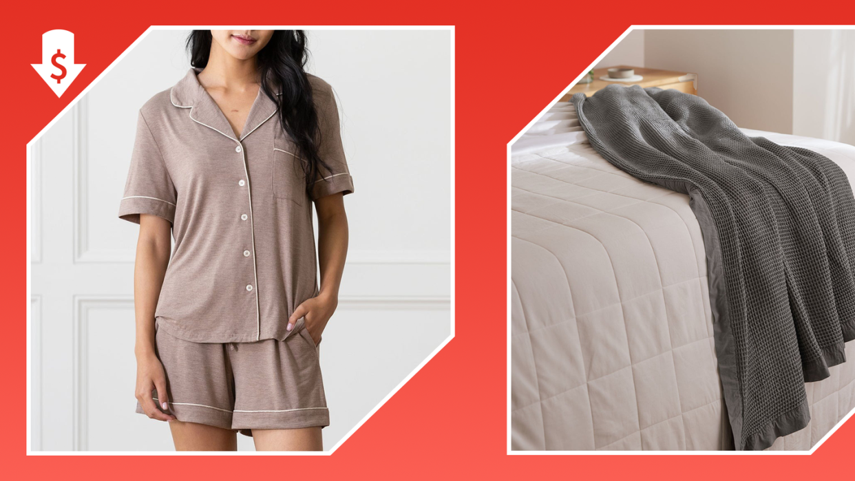 cozy earth pajamas, waffle blanket on bed