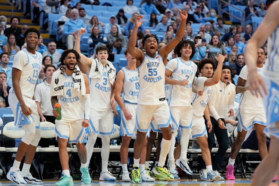 Jan 13, 2024; Chapel Hill, North Carolina, USA; North Carolina Tar Heels bench celebrates in the second half at Dean E. Smith Center. Mandatory Credit: Bob Donnan-USA TODAY Sports