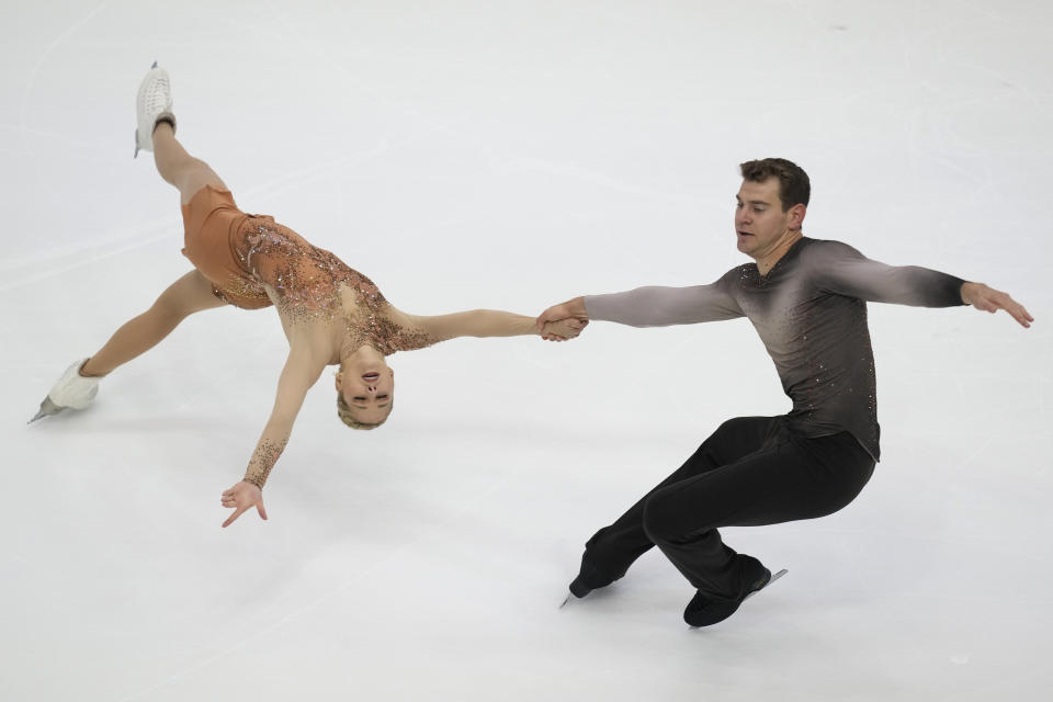 United States' Alexa Knierim and Brandon Frazier compete in the Pairs Free Skating during the figure skating Grand Prix finals at the Palavela ice arena, in Turin, Italy, Friday, Dec. 9, 2022. (AP Photo/Antonio Calanni)