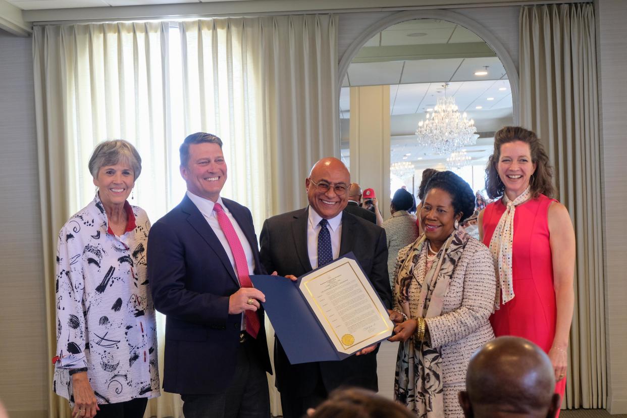 Potter County Judge Nancy Tanner, U.S. Rep. Ronny Jackson, Kamran Khozan of CVMR, U.S. Rep. Sheila Jackson Lee and Amarillo Mayor Ginger Nelson celebrate the groundbreaking of CVMR Monday at the Amarillo Club in downtown Amarillo.