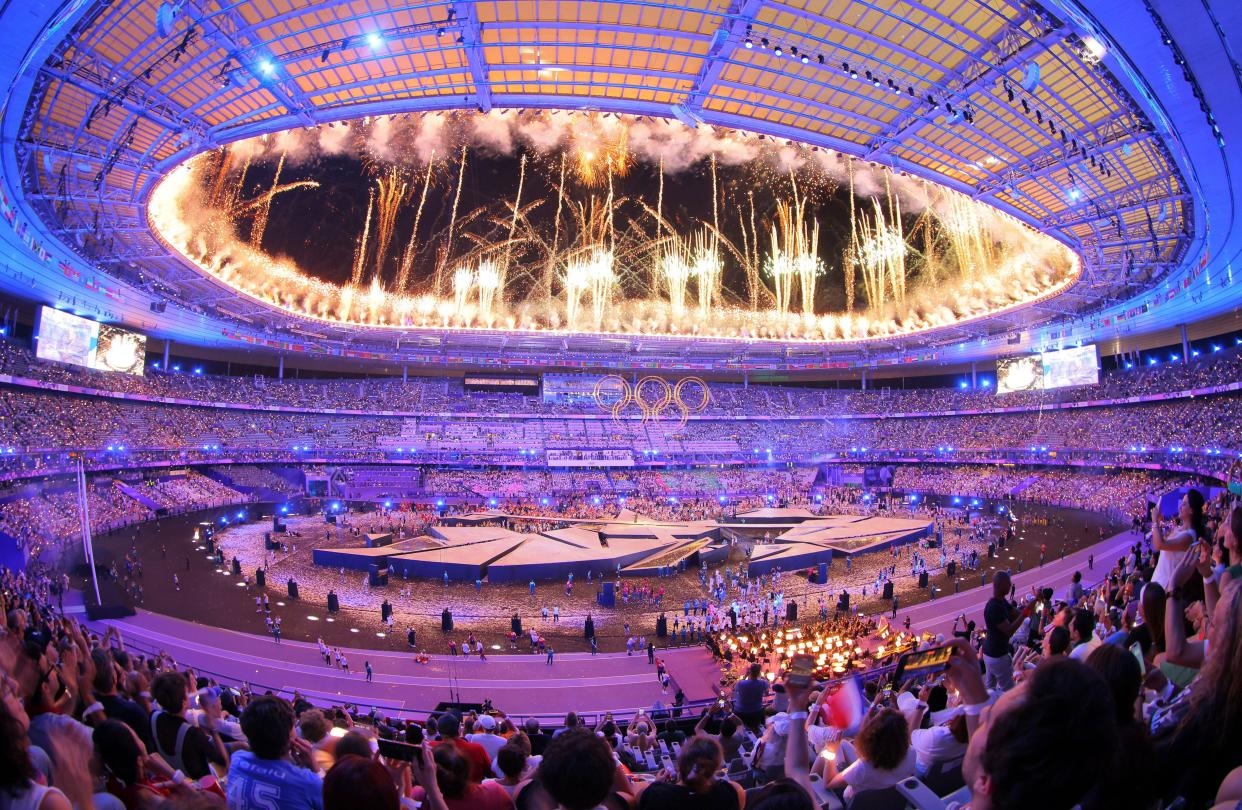 Stade de France is illuminated with colorful lights during the Closing Ceremony in Saint-Denis, France on August 11, 2024. The 2028 Summer Olympics, will be hosted by the city of Los Angeles, and the LA28 is scheduled to take place from July 14–30, 2028, in the United States. ( The Yomiuri Shimbun via AP Images )